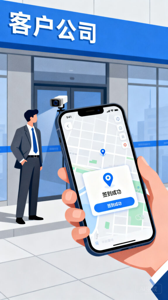 客户拜访定位：业务员到达客户现场自动签到+拍照