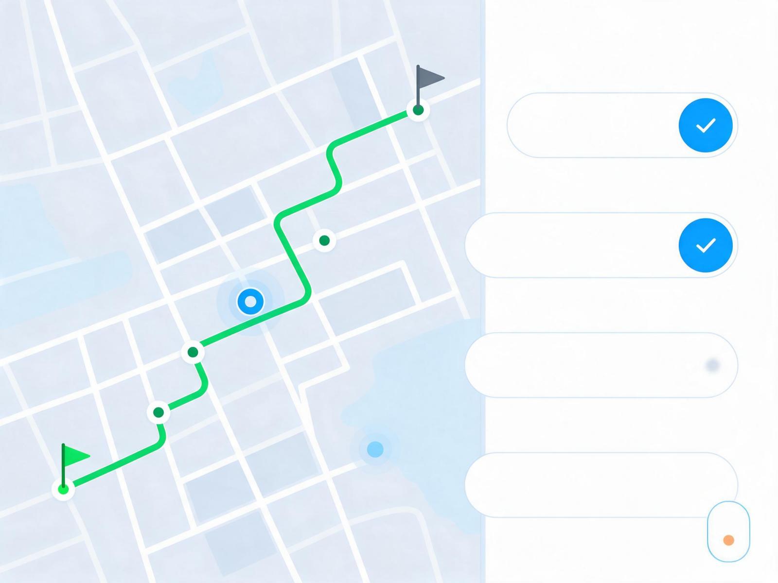 地图线路示意:绿色轨迹串联多个客户停靠点,右侧为白色行程条