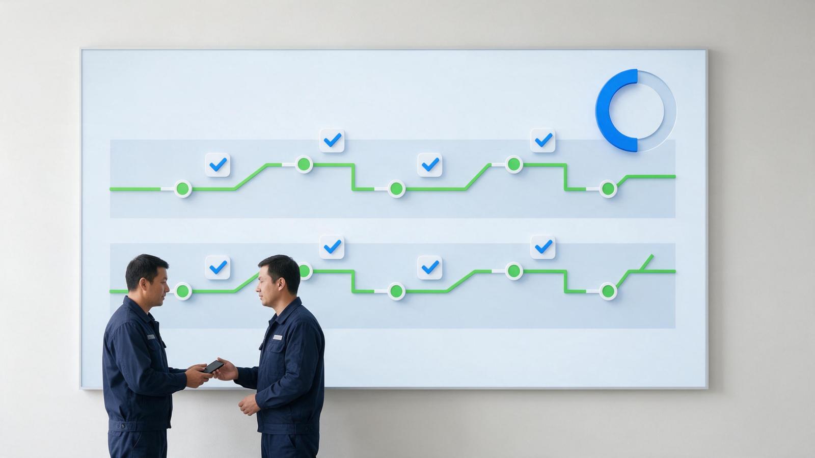 浅色管理看板分上下两条时间带，各自一条绿色轨迹上的停靠点旁都带蓝色勾选，左侧两位物业工程人员交接手机，右上角是蓝色与浅灰扇区组成的圆环完成度图形