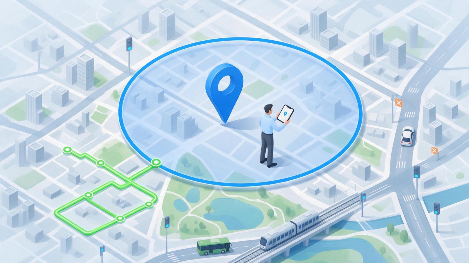 有效打卡范围示意图：浅色地图上以定位点为中心划出的蓝色圆形有效范围，外勤人员在范围内打卡，亮绿色工作轨迹从范围外延伸到范围边缘
