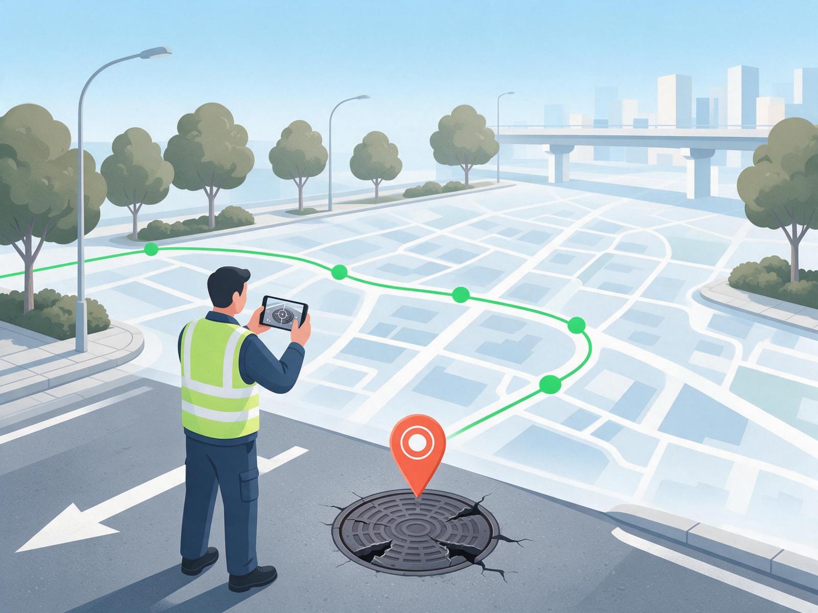 市政巡检员在道路旁用手机拍摄破损井盖并上报,地图上有一条亮绿色巡检路线和一个橙红色异常点位