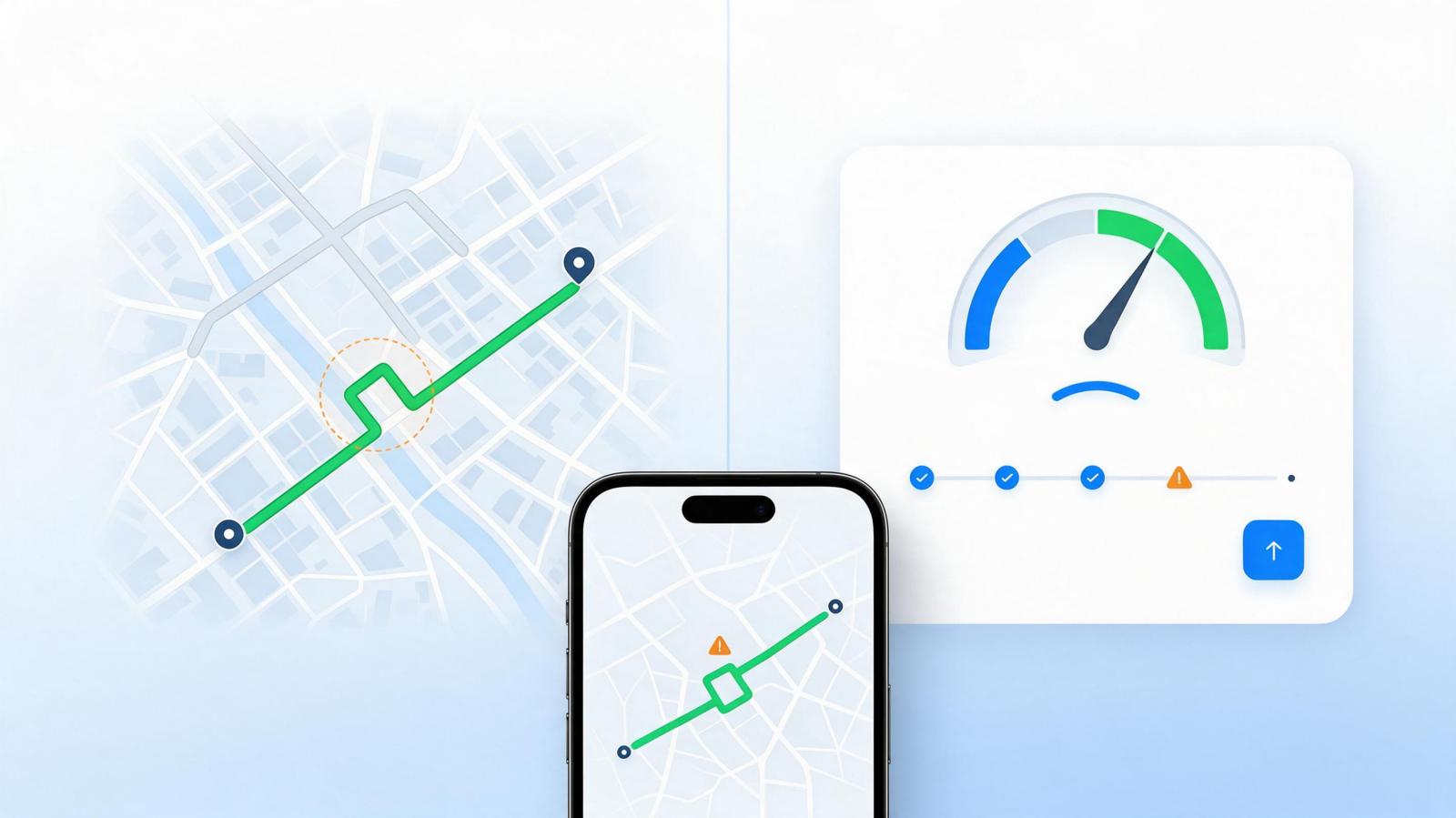 行程后核对信息图：绿色实际路线与灰色参考路线对比，绕路段被橙色标记