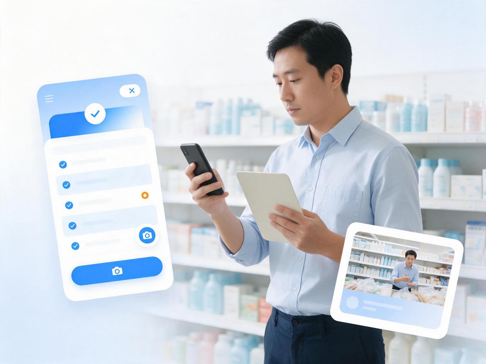 门店督导在货架前用手机逐项核对检查清单并现场拍照留痕