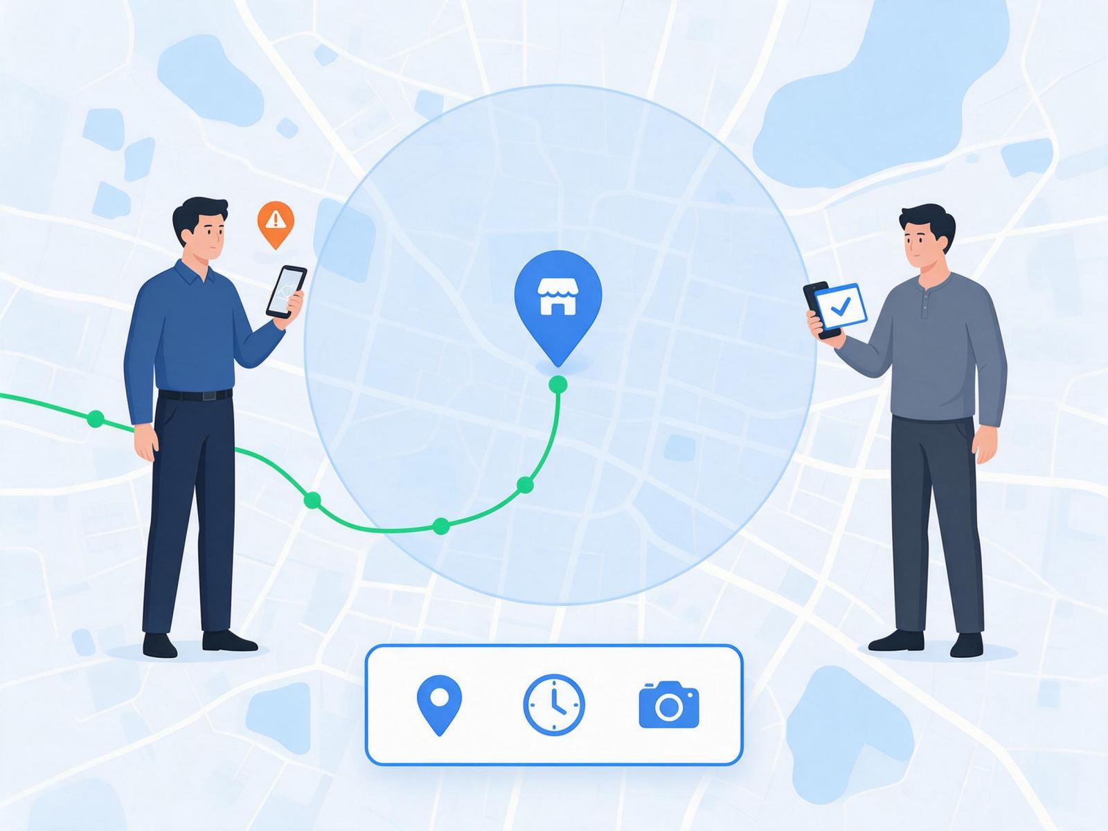 到店范围签到示意图,门店点位周围有有效范围圈,圈外员工无法完成有效签到