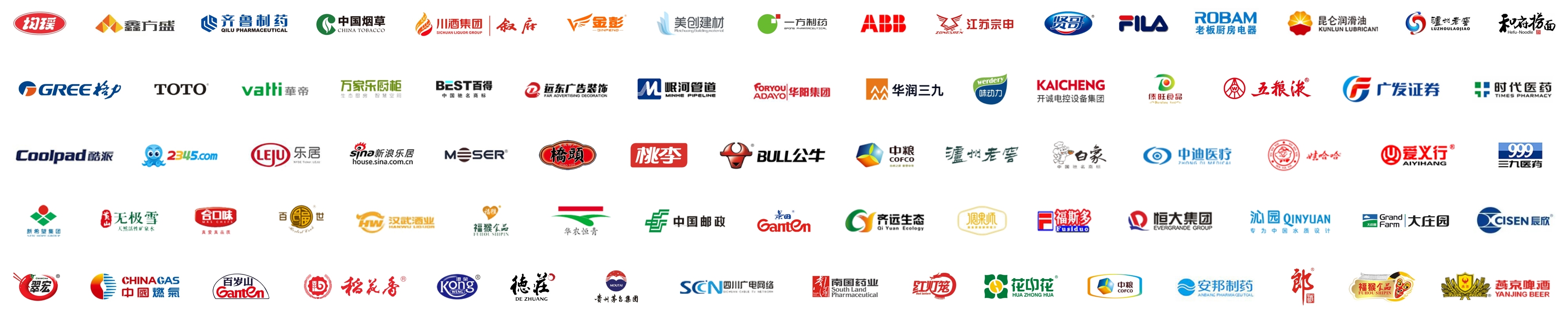 原官网完整五排合作伙伴标识，包括齐鲁制药、中国烟草、ABB、FILA、格力、五粮液、公牛、中粮、中国邮政等