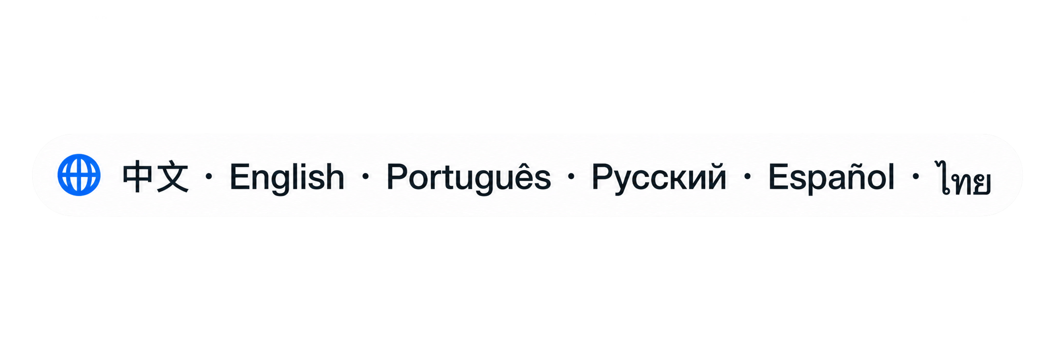 支持中文、English、Português、Русский、Español、ไทย
